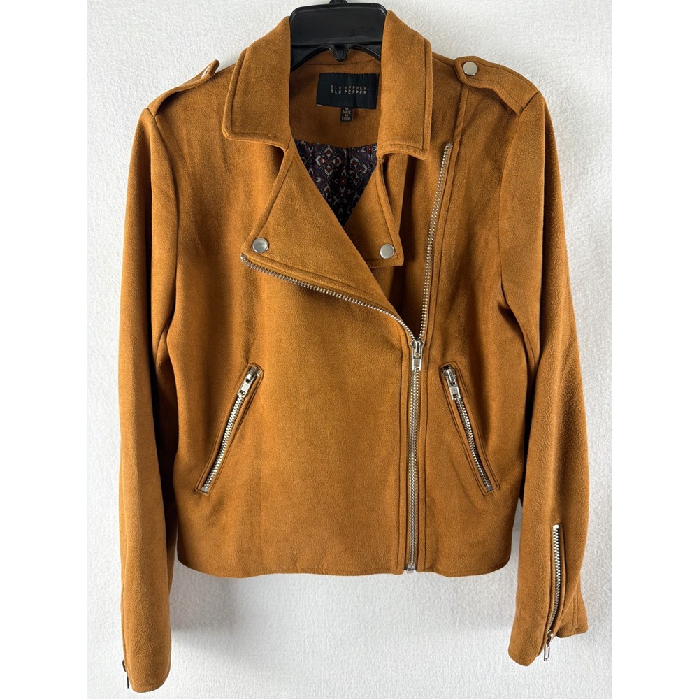 Blu Pepper Womens Camel Brown Faux Suede Moto Jacket Asymmetrical Zip Sz M